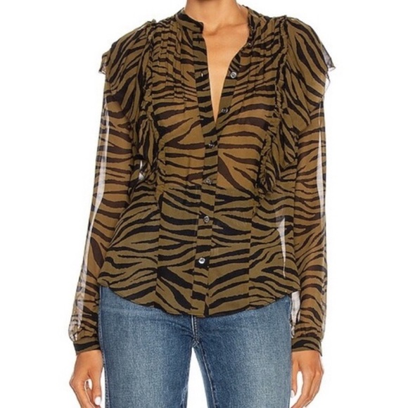 Veronica Beard Tiger-Print Ruffle Button-Front Blouse - Picture 2 of 12